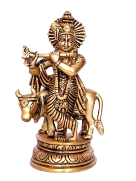 ASTHADHATU - BRASS LORD'S KRISHNA IDOL WITH COW